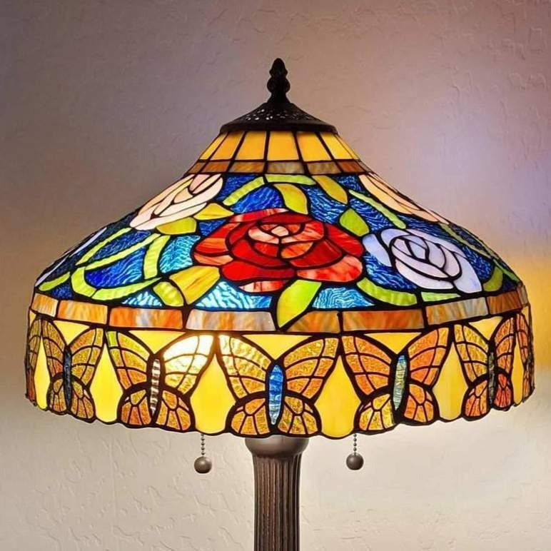 Stained Glass Roses Tiffany Style Table Lamp 24in Tall Vintage Lamp Handmade