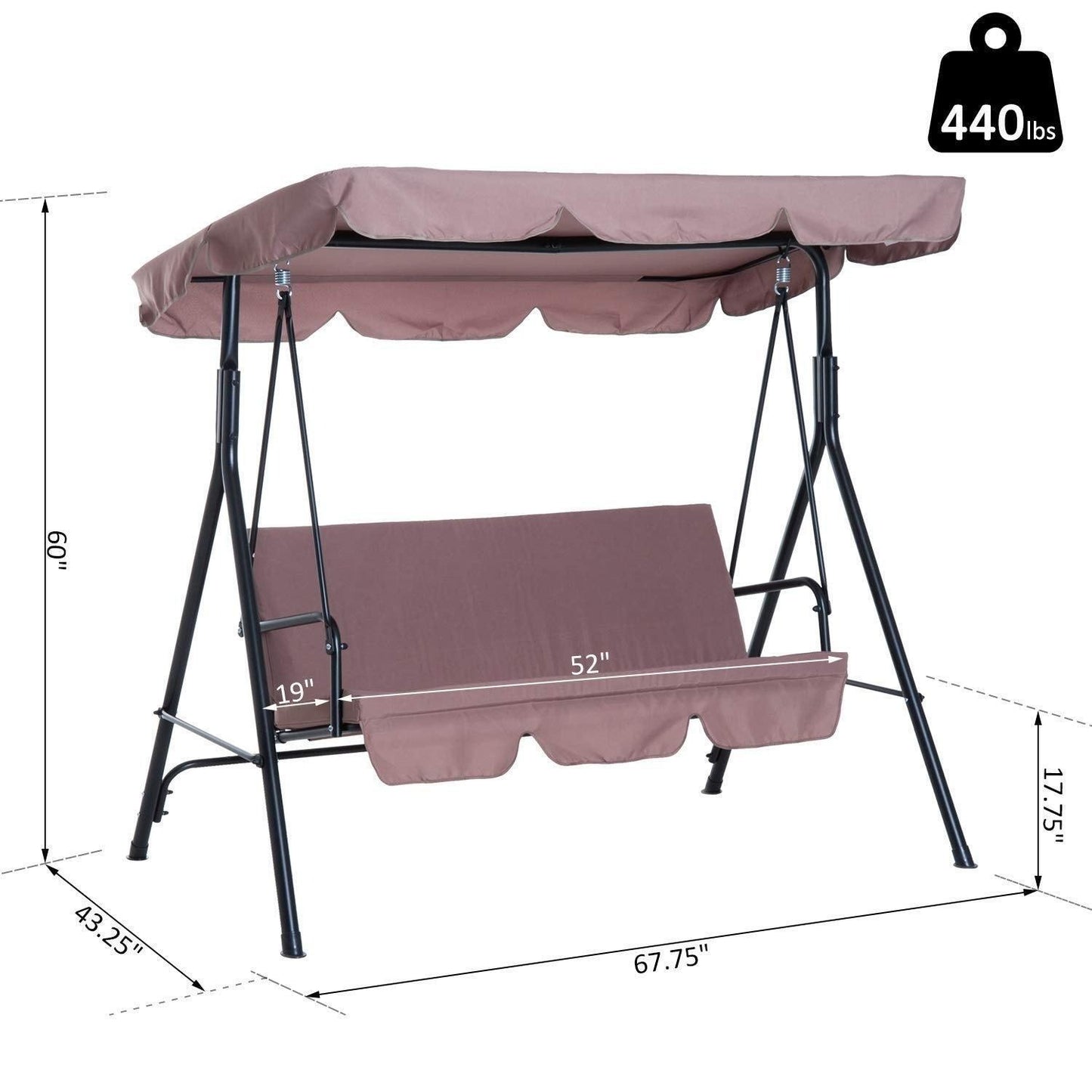 Steel Porch Swing Lounge Chair: Adjustable Canopy Cover 3-Person in Dark Beige