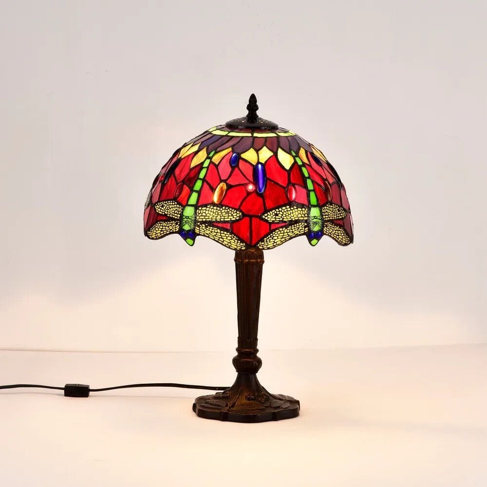 Tiffany Style Stained Glass Dragonfly Accent Table Lamp in Red and Purple 19in