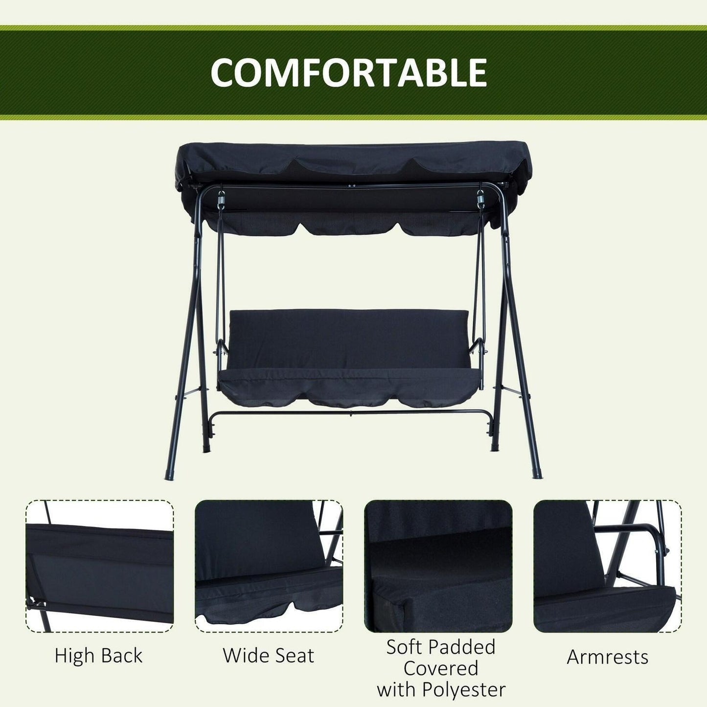 Patio Porch Swing with Adjustable Canopy Cover 3-Person in Black