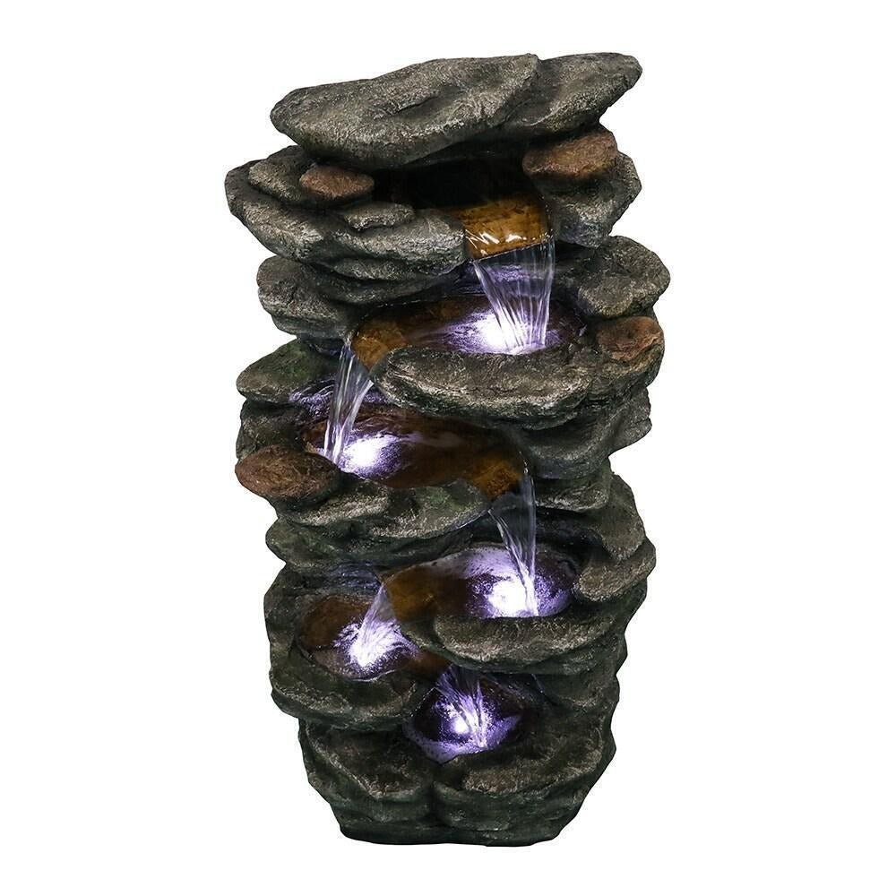 Serene 6-Tier Rock Cascading Water Fountain For Backyard Decor: LED Lit, 40inT