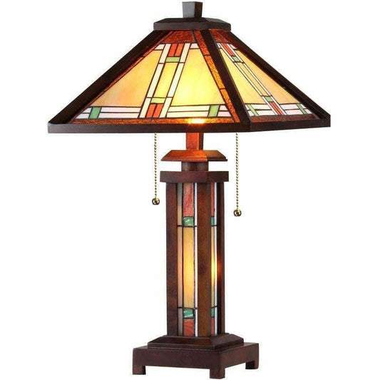 Tiffany Style Mission Design Double Lit Table Lamp Lighted Base Lt Bronze Finish