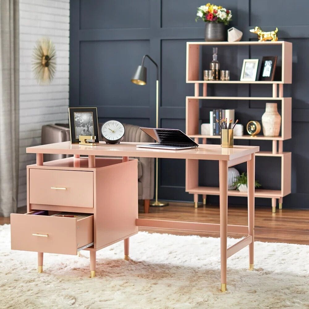 Desk Home Office 2-drawer Mid-Century Style Modern Desk in Blushed Pink Finish