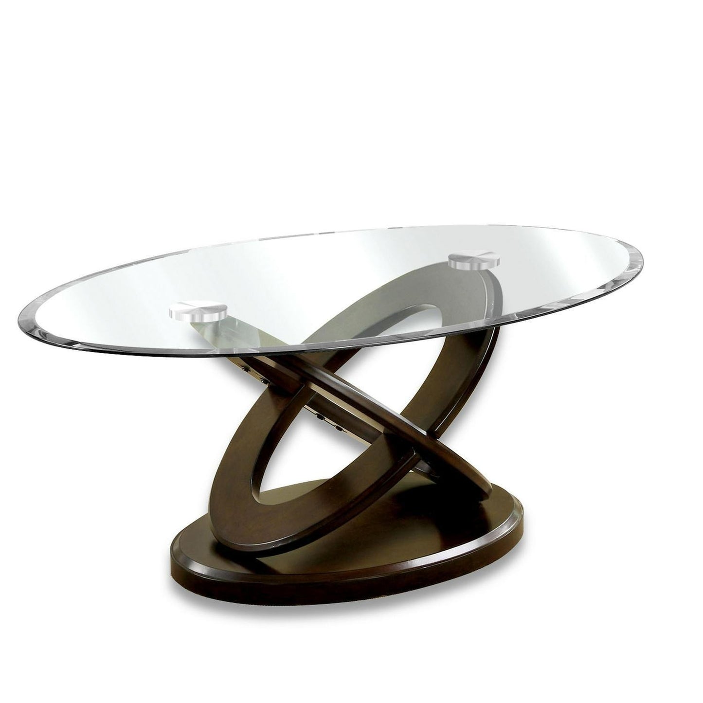 Dark Walnut Finished Comtemporary Crossed Leg Oval Coffee Table Glass Top