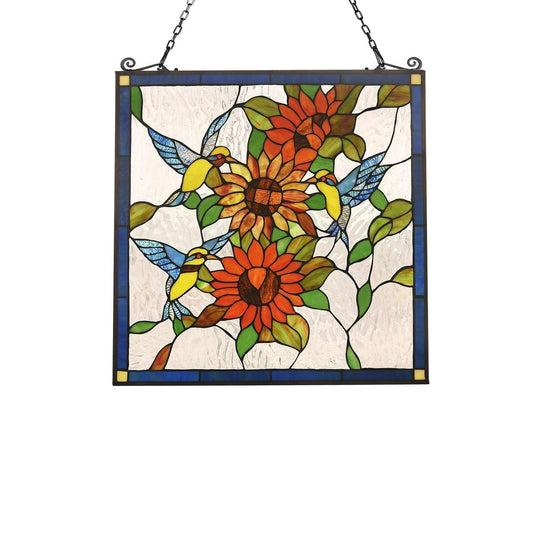 Song Bird Floral Tiffany Style Stained Glass Window Panel Suncatcher 25x25in