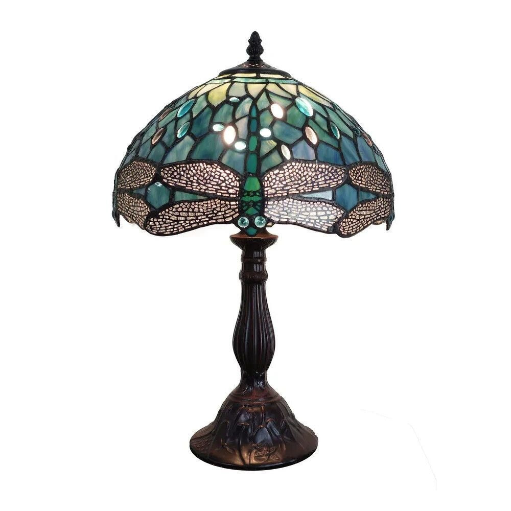 Tiffany Style Dragonfly Table Lamp Green Stained Glass & Bronze Fin Base 18.5in