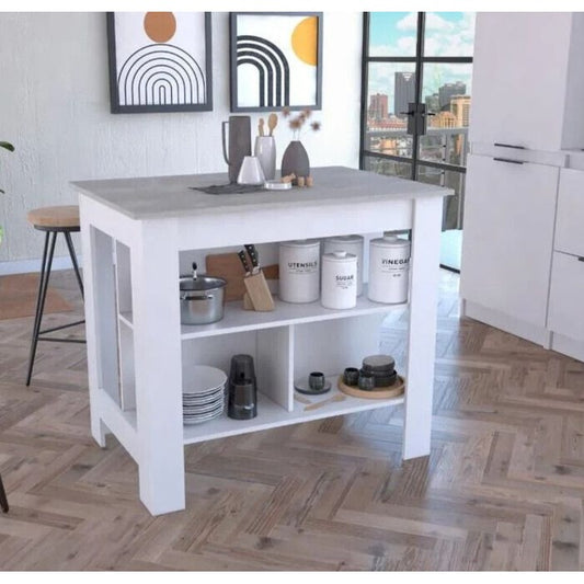 Kitchen Island Table With Open Lower Storage White Finished/Grey Stone Fin Top