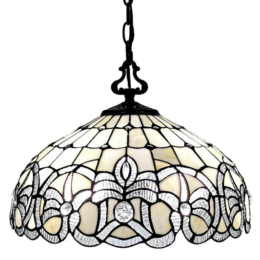 Hanging Ceiling Light Tiffany Style White Stained Glass 16 Inches Wide