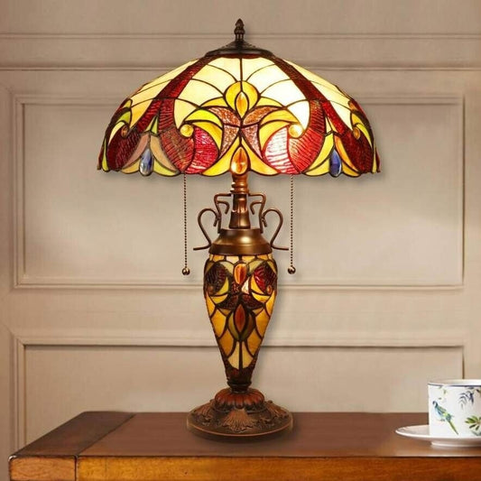 Brown Earth Tones Tiffany Inspired Victorian Stained Glass Table Lamp - Lit Base