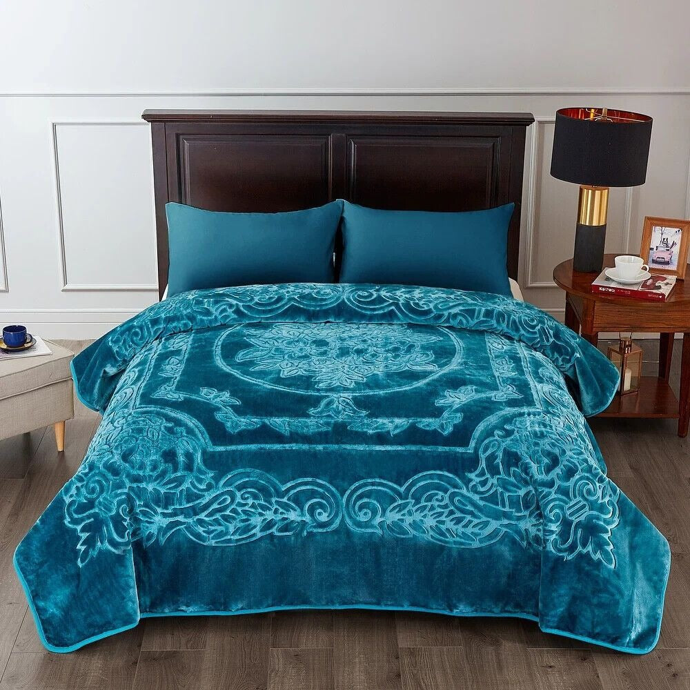 Luxurious Oversized Floral Embossed Bed Blanket/Cover in Teal