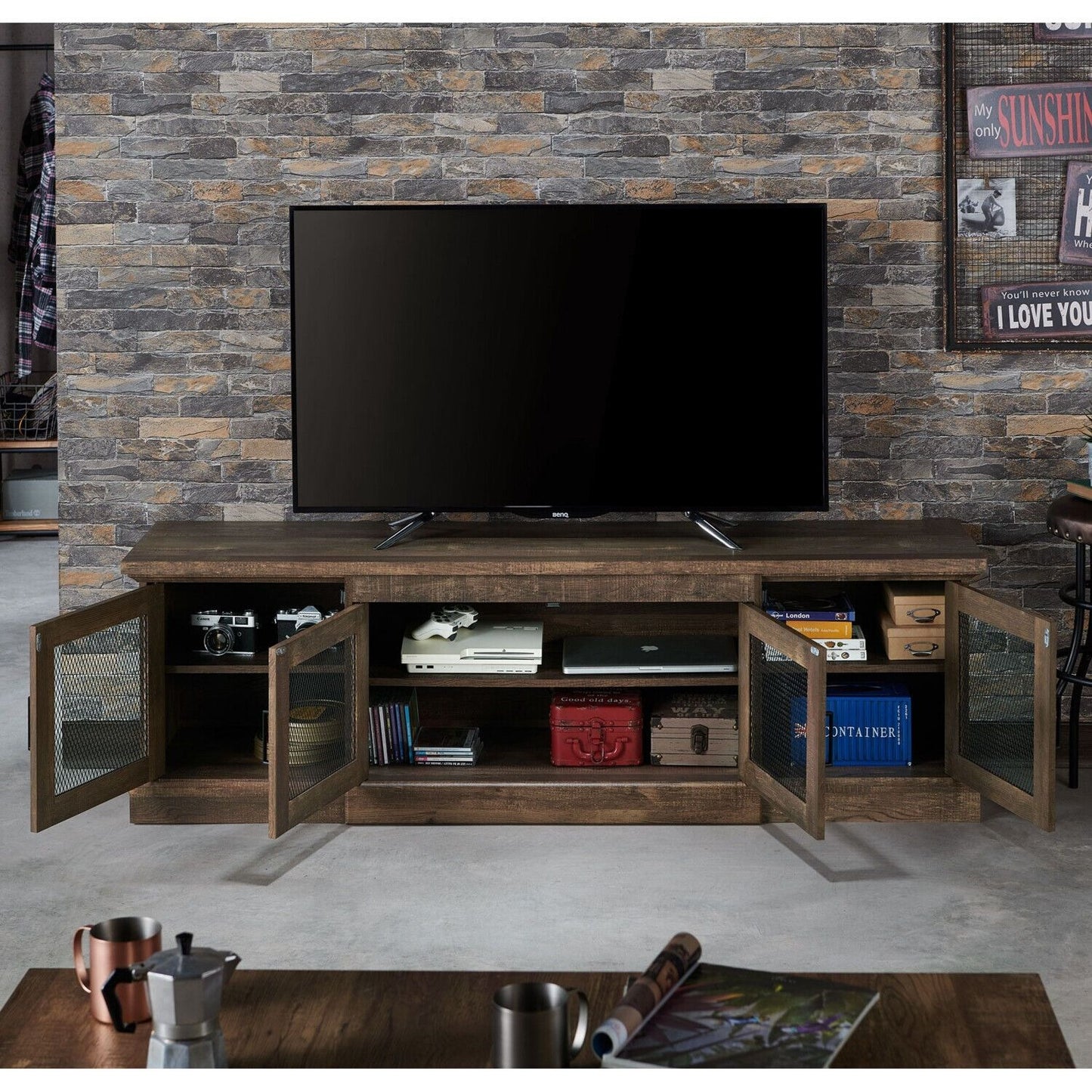 Reclaimed Oak Finish Rustic Style TV Stand Entertainment Center 5.6ft Wide