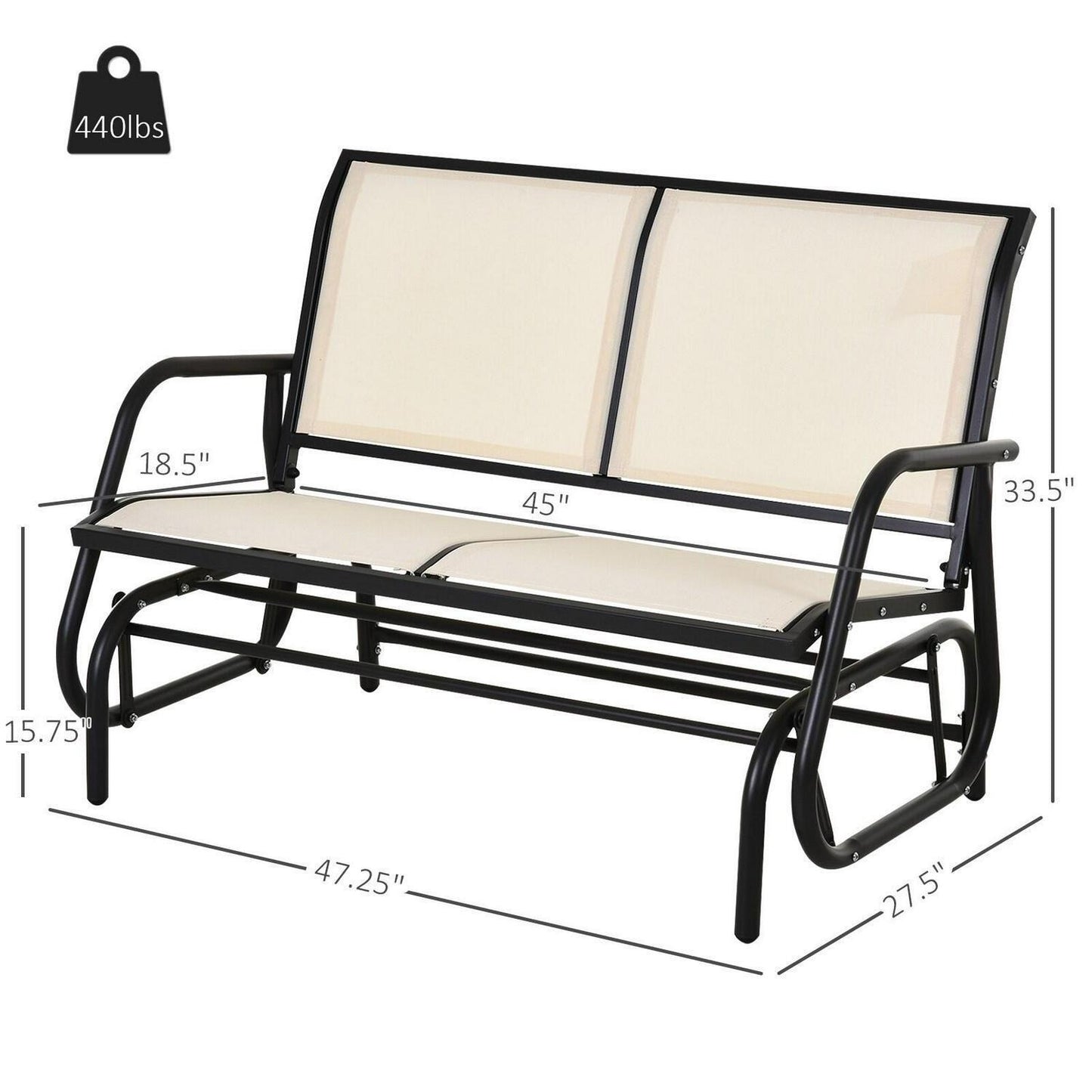 2-Person Glider Rocking Chair Bench For Patio Deck Yard in Cream White