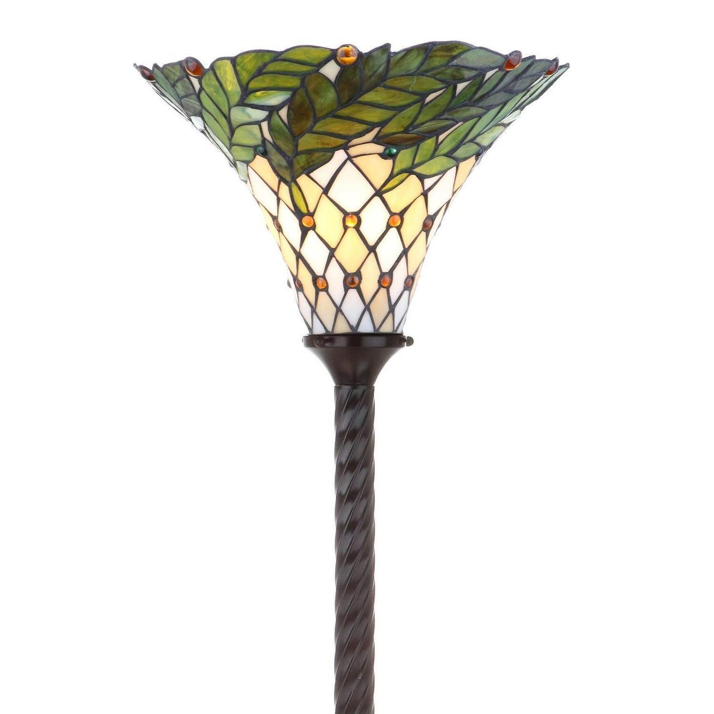 Green and Ivory Twisted Base Tiffany Style Stained Glass Torchiere Floor Lamp