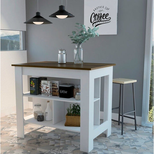 Kitchen Island Table With Open Lower Storage White Finished/Walnut Finish Top