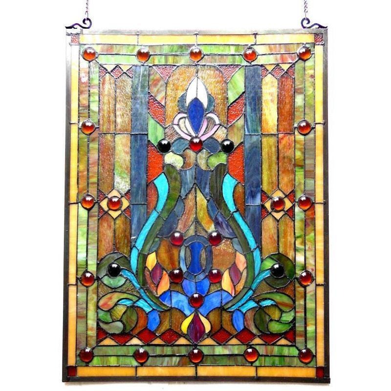 Fleur-de-lis Design Stained Glass Window Panel Suncatcher Tiffany Style 19x25in