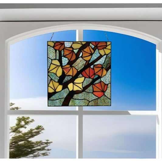 Tiffany Style Stained Glass Panel Suncatcher with Autumn Leaves 12x12in