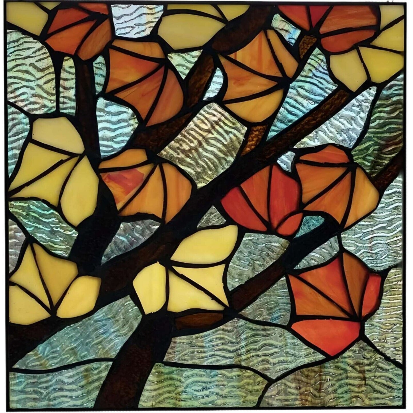 Tiffany Style Stained Glass Panel Suncatcher with Autumn Leaves 12x12in