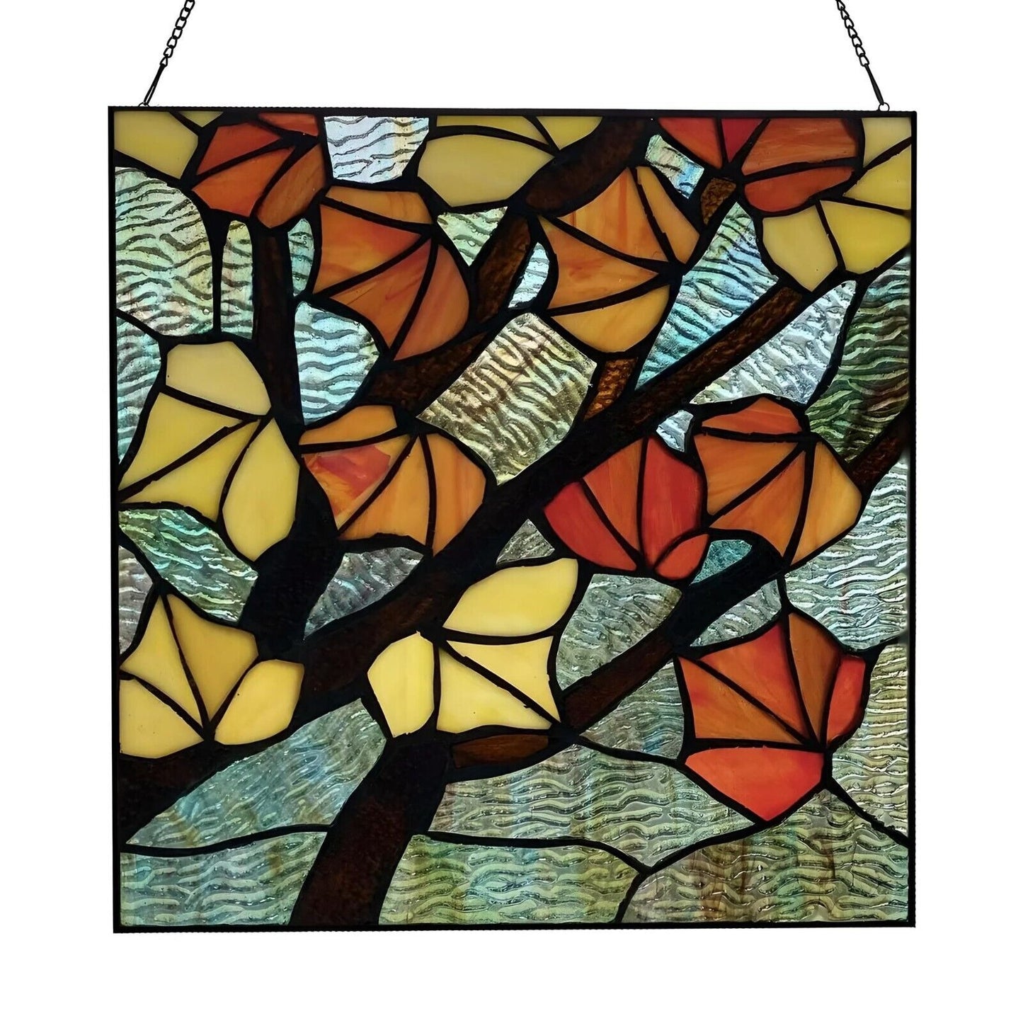 Tiffany Style Stained Glass Panel Suncatcher with Autumn Leaves 12x12in