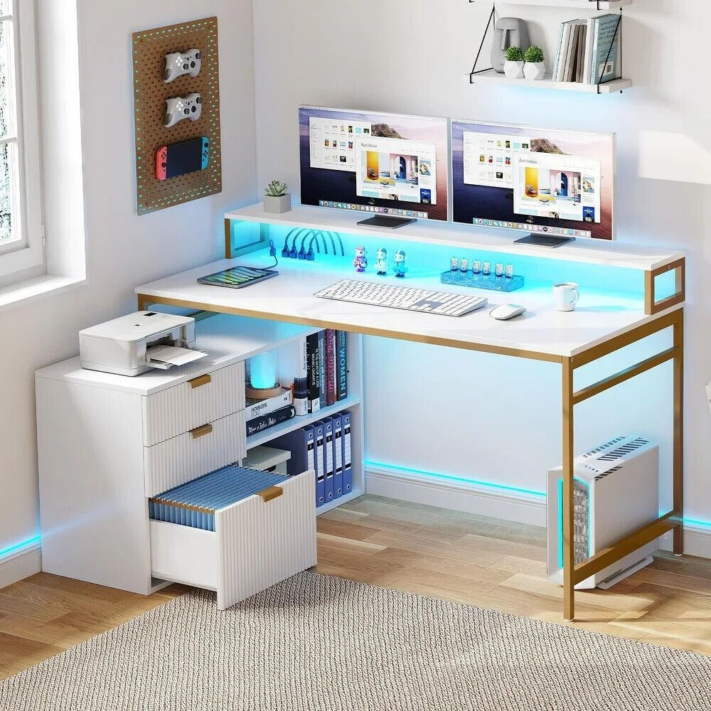 L-Shaped Computer Desk: Wireless Charge, LED Lit & File Cabinet in White & Gold