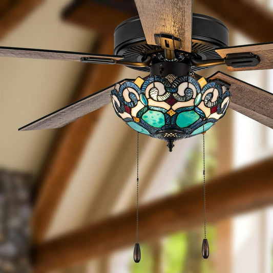 Ceiling Fan Oil-Rubbed Bronze and Aqua Green Stained Glass 3-Light 52in