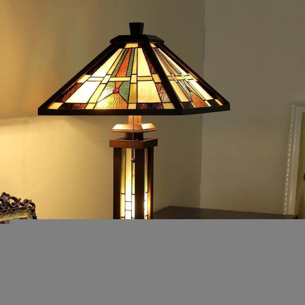 Tiffany Style Mission Design Double Lit Multicolor Stained Glass Table Lamp