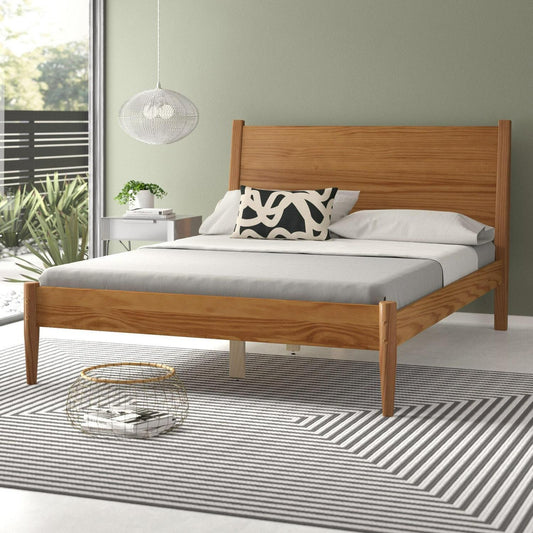 Brown Finish Pine Wood Mid-Century Style King Size Panel Bed