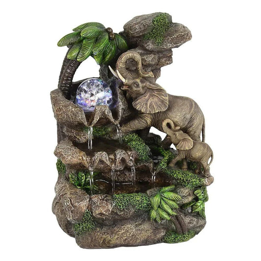 Elephant Tabletop Waterfall Water Fountain With Rotating Crystal 11in