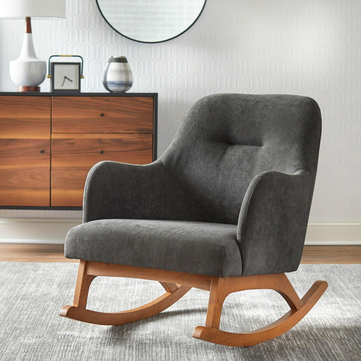 Mid-Century Modern Style Rocking Chair in Dark Grey Upholstered Finish