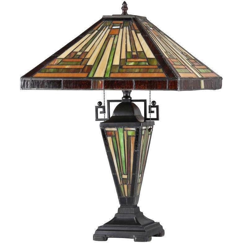 Dark Bronze Finish Tiffany Style Stained Glass Mission Double Lit Table Lamp