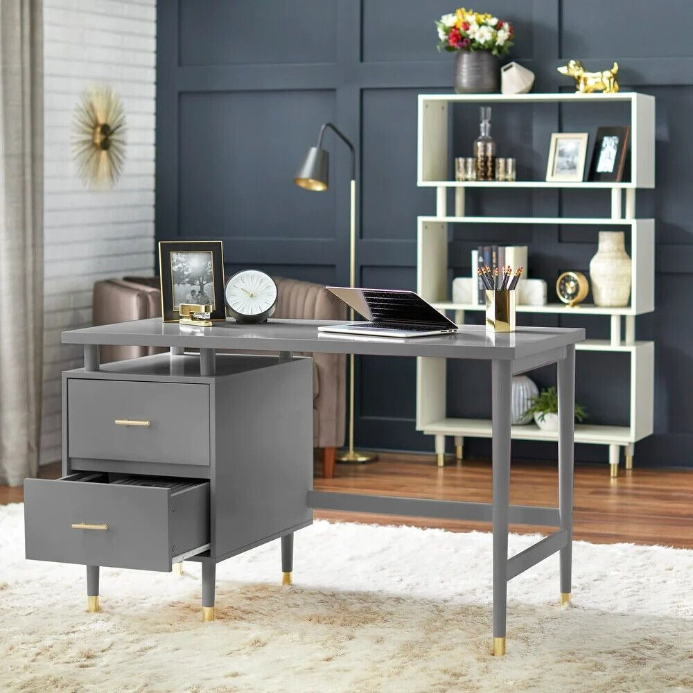 Desk Home Office 2-drawer Mid-Century Style Modern Desk in Charcoal Grey Finish