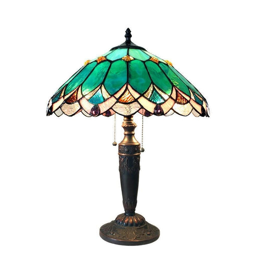 Handcrafted Emerald Victorian Tiffany Style Stained Glass 2-Light Table Lamp