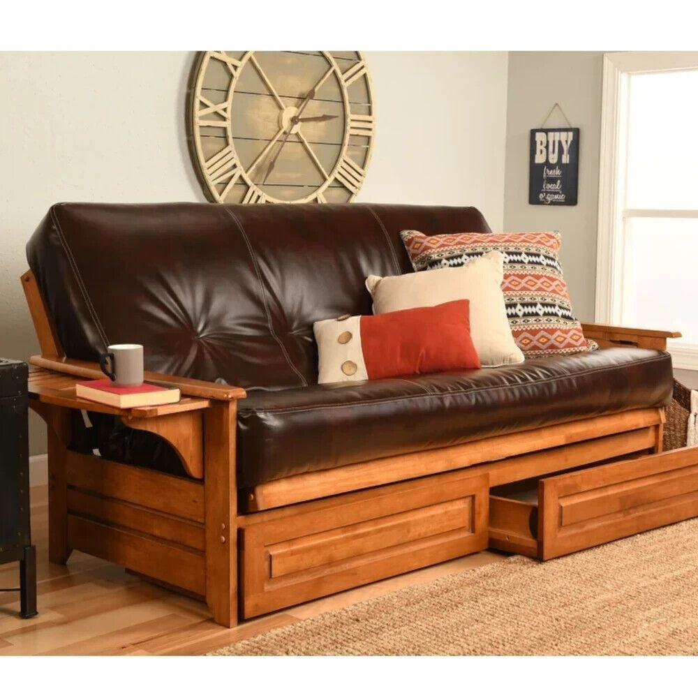 Futon Bed Set - Full Sz Solid Wood Futon w/Cotton Mattress & Storage - Chocolate