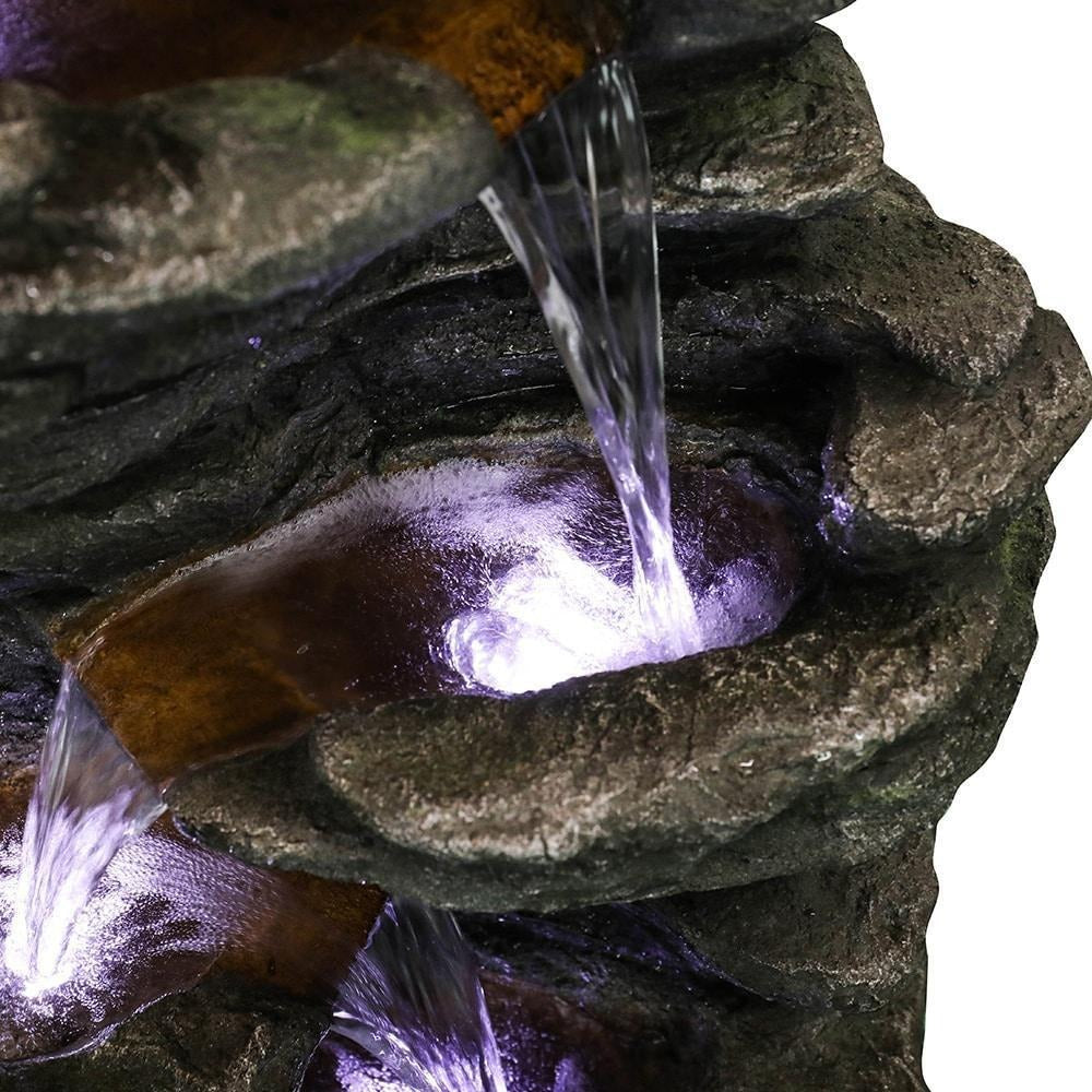 Serene 6-Tier Rock Cascading Water Fountain For Backyard Decor: LED Lit, 40inT