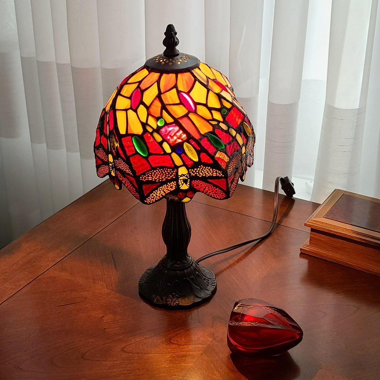 Tiffany Style Mini 14.5in Accent Table Lamp Stained Glass Red Dragonfly