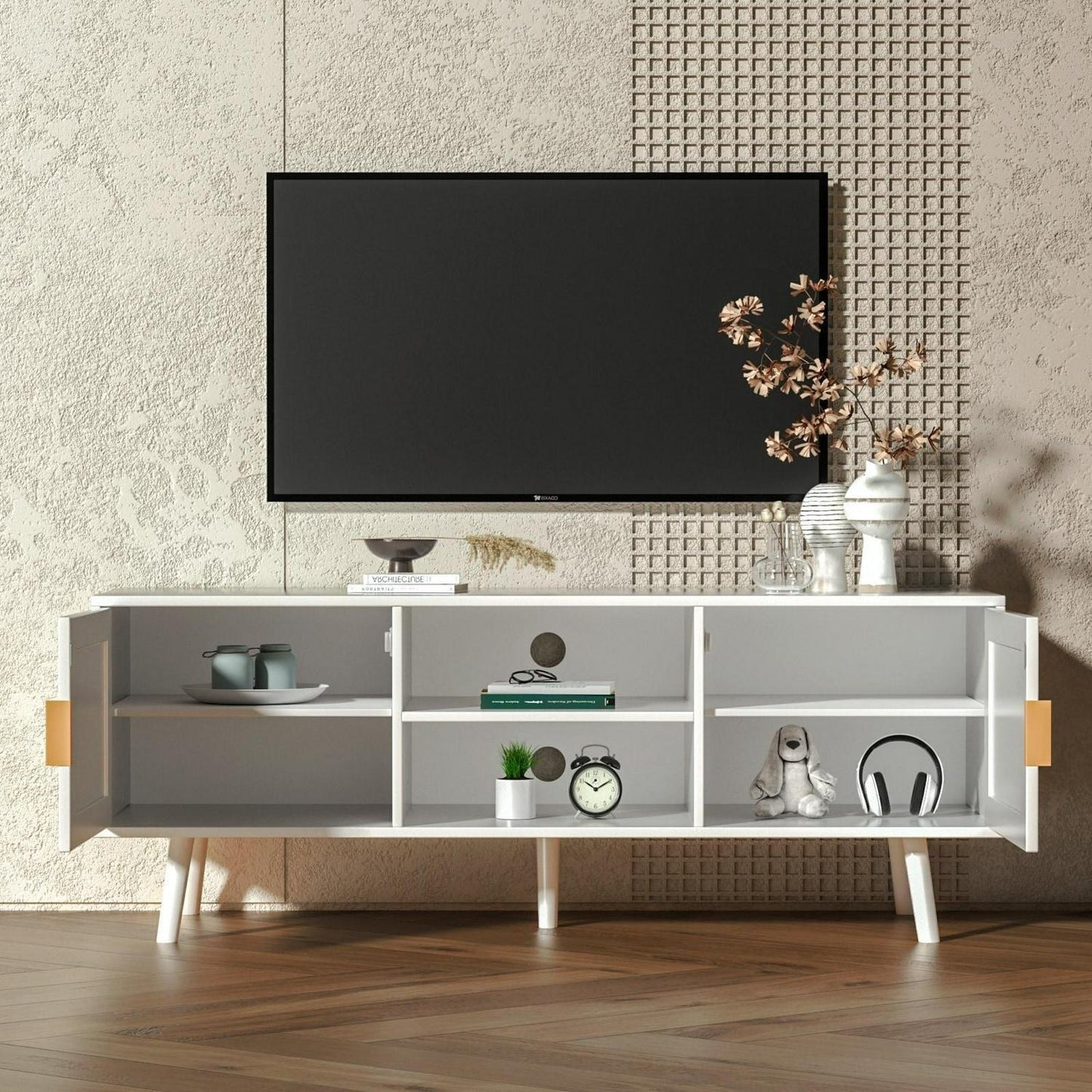 Mid-Century Modern Entertainment Center TV Stand with Cabinet White