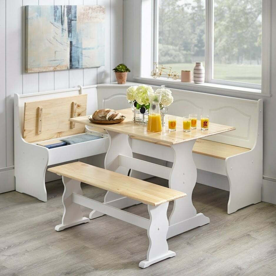 Country Style White And Natural Finish Wood Corner Nook Dining Table Bench Set