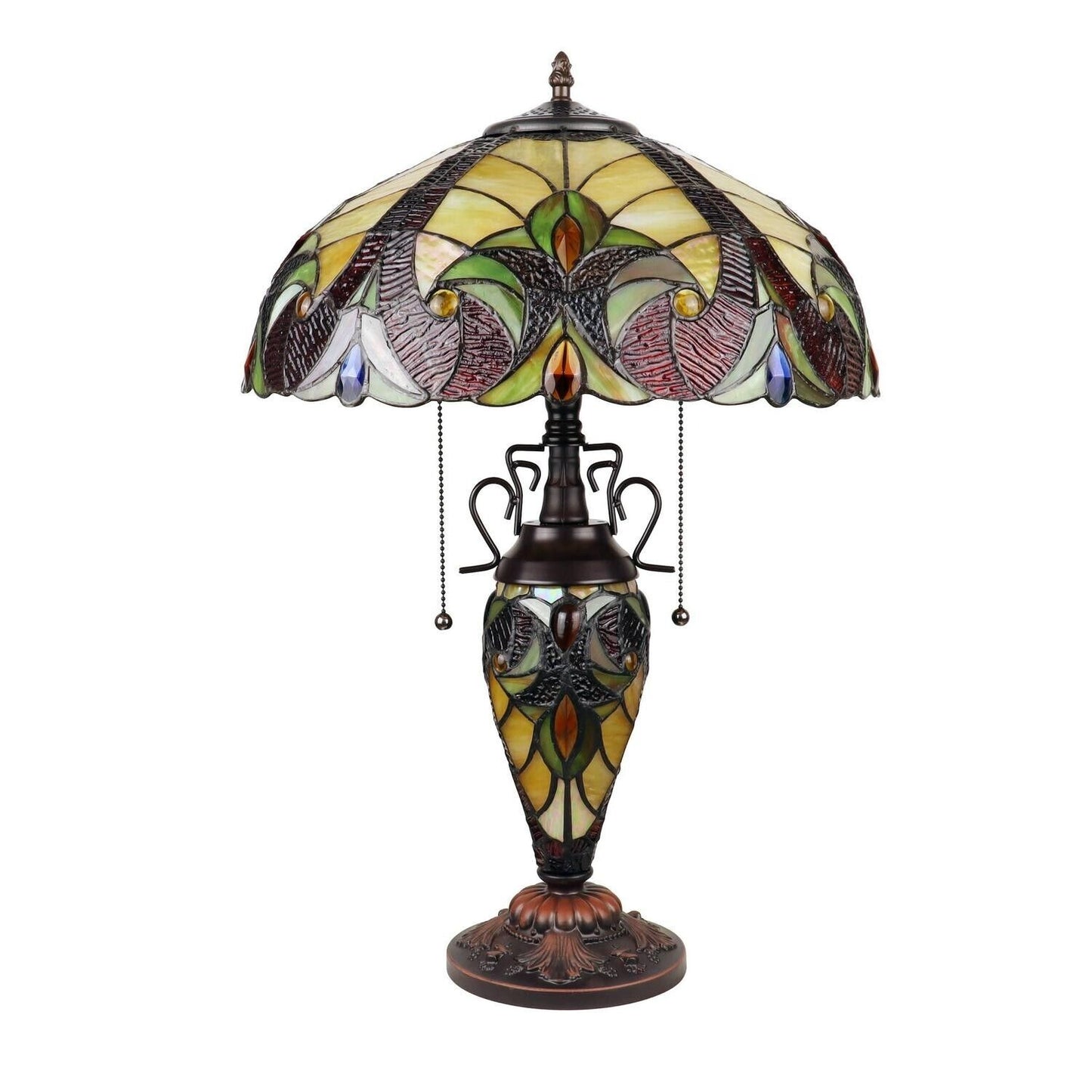 Brown Earth Tones Tiffany Inspired Victorian Stained Glass Table Lamp - Lit Base