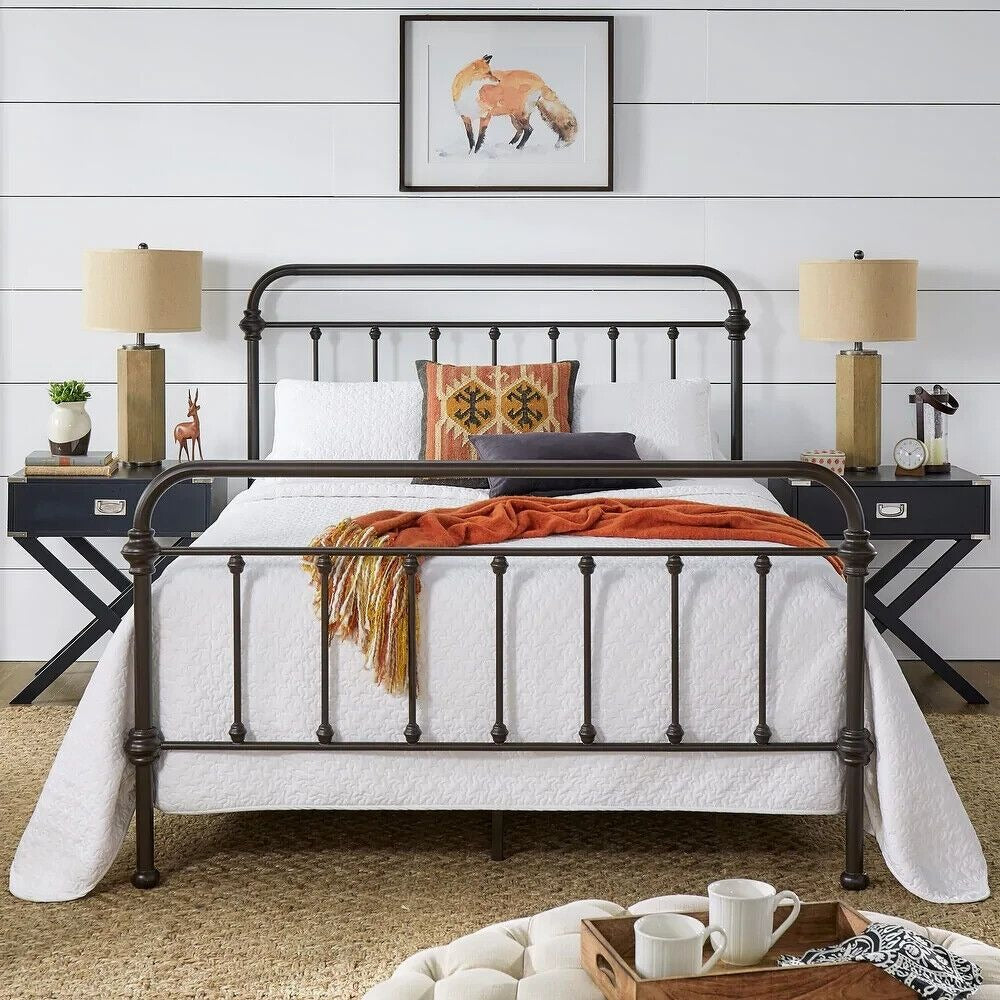 Farmhouse Country Style Antique Dark Bronze Iron Metal Bed - Queen Size