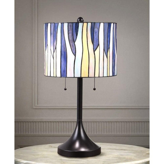 Stained Glass Drum Shade Blue Purple Table Lamp Accent Reading Tiffany Style