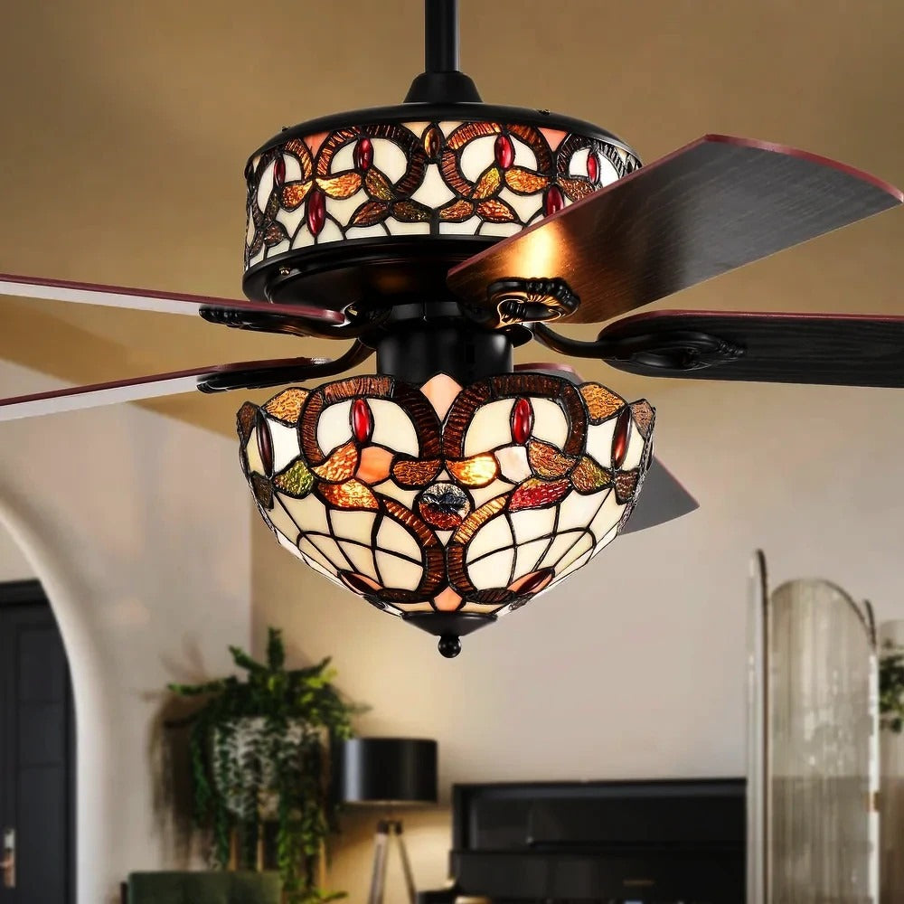 Ceiling Fan Tiffany Style Two Tiered Lighted Tones of Copper and White - Remote