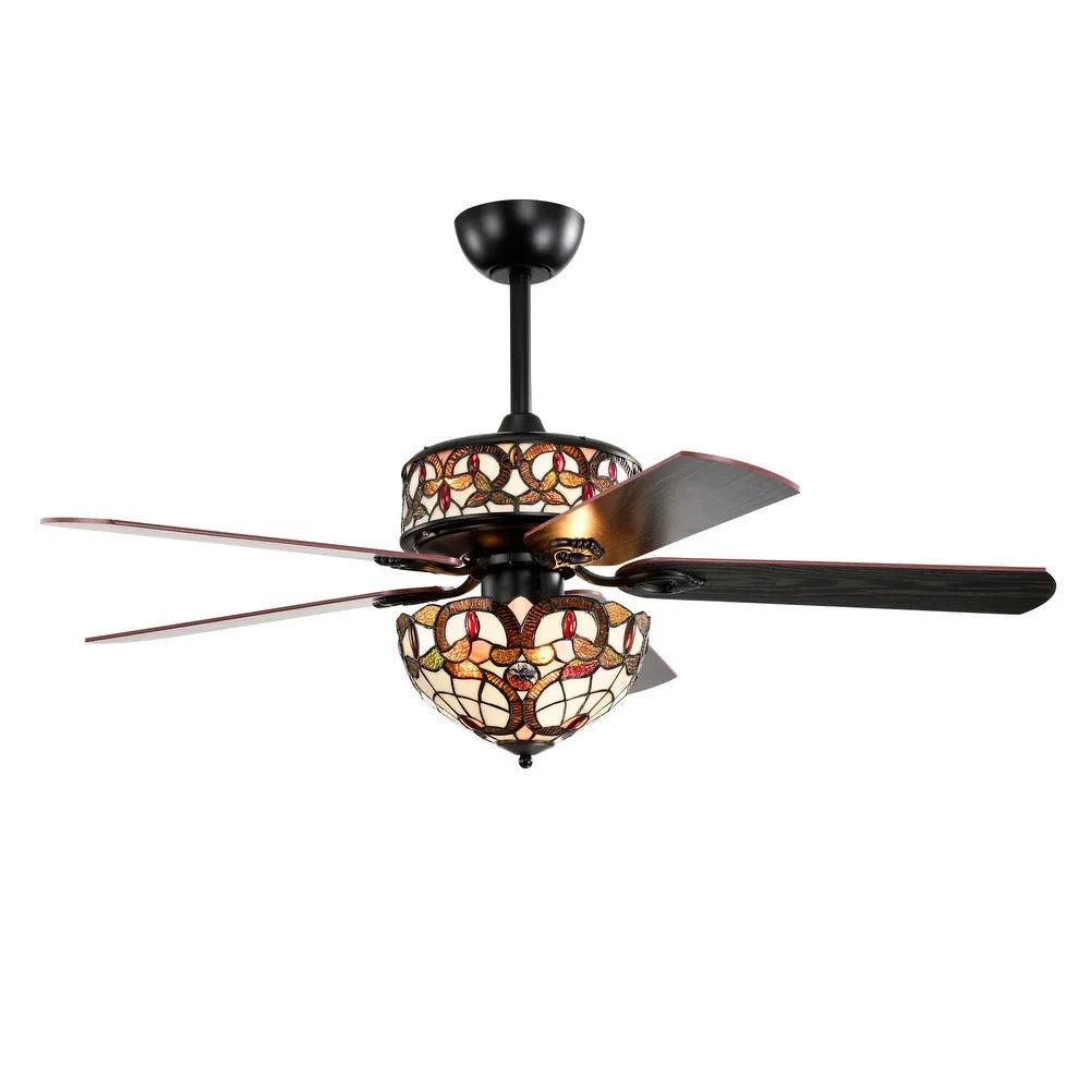 Ceiling Fan Tiffany Style Two Tiered Lighted Tones of Copper and White - Remote