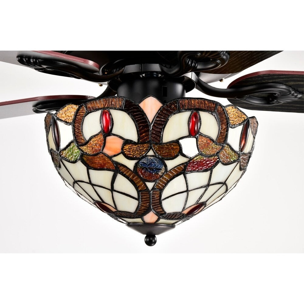 Ceiling Fan Tiffany Style Two Tiered Lighted Tones of Copper and White - Remote