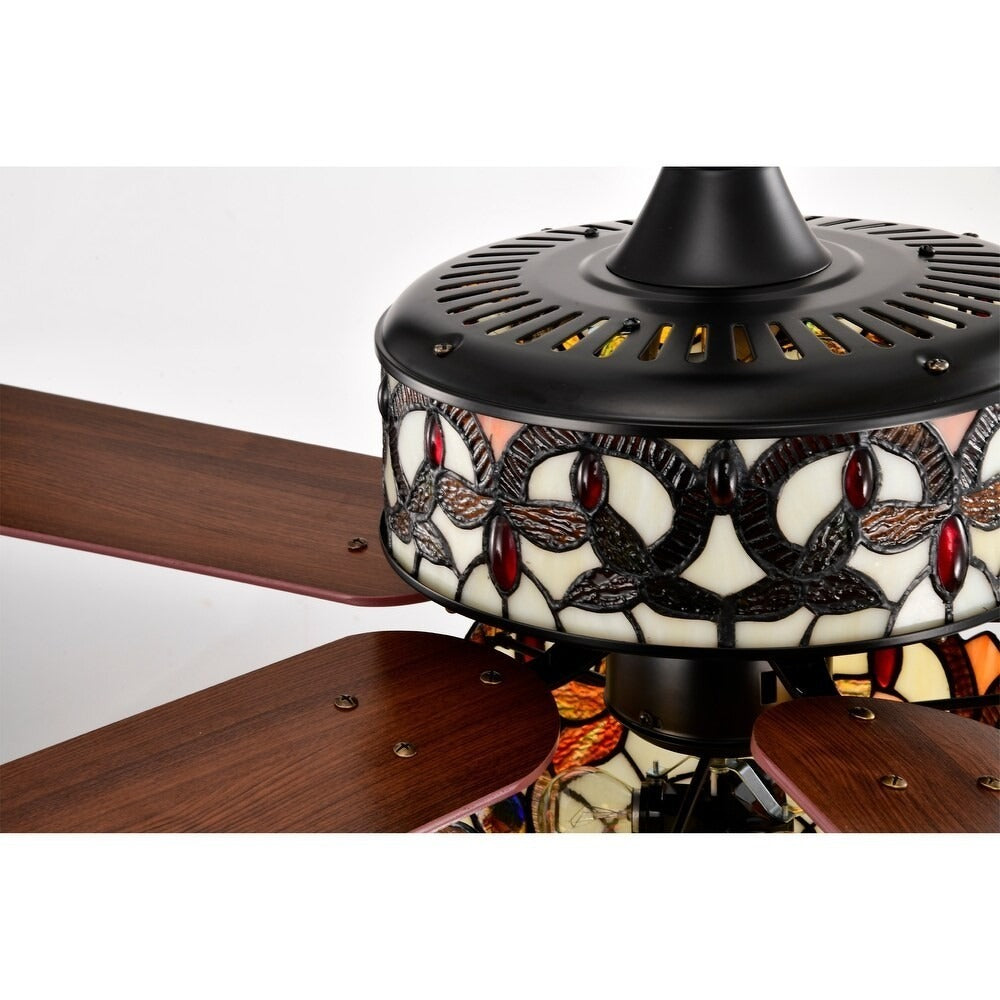 Ceiling Fan Tiffany Style Two Tiered Lighted Tones of Copper and White - Remote