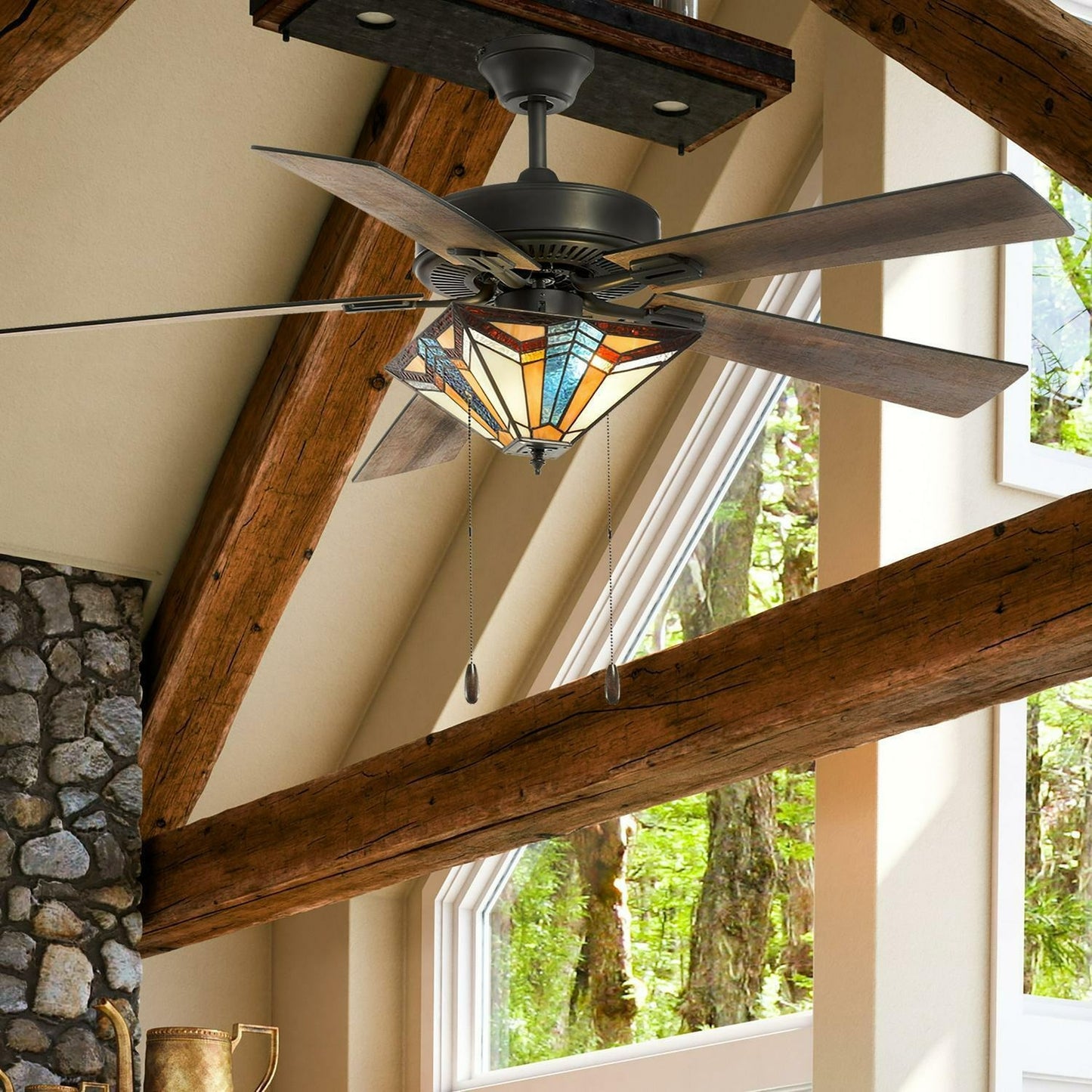 Tiffany Style Stained Glass Blue and Amber Mission 52in Ceiling Fan