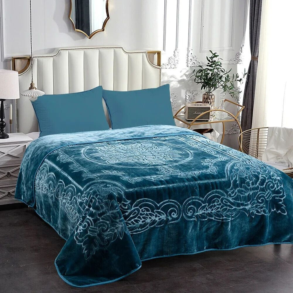 Luxurious Oversized Floral Embossed Bed Blanket/Cover in Teal