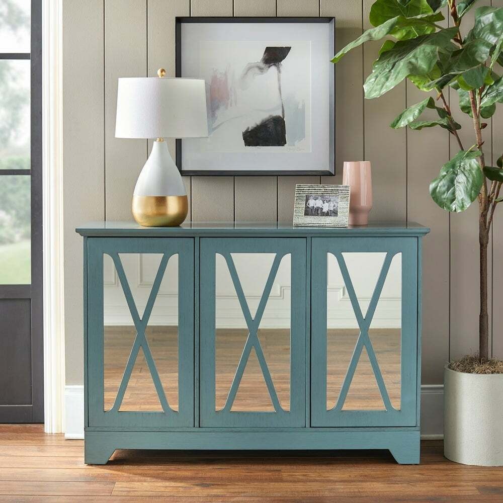 Blue Finish Mirrored Buffet Console Cabinet Storage Center in Distressed