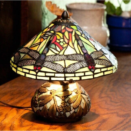 Tiffany Style Dragonfly Reading Accent Stained Glass Table Lamp Mosaic Base 10in