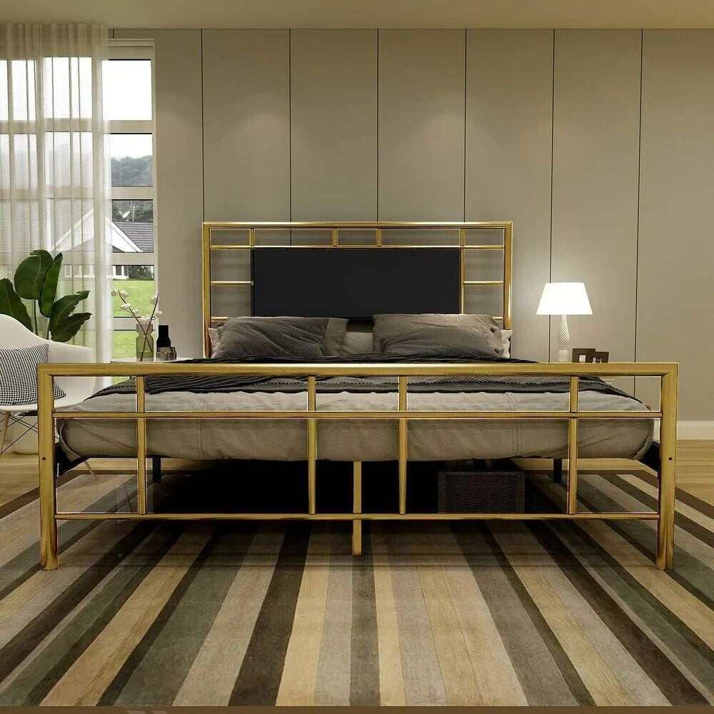 Full Sz Metal Platform Bed Frame with Padded Headboard & Footboard in Gold