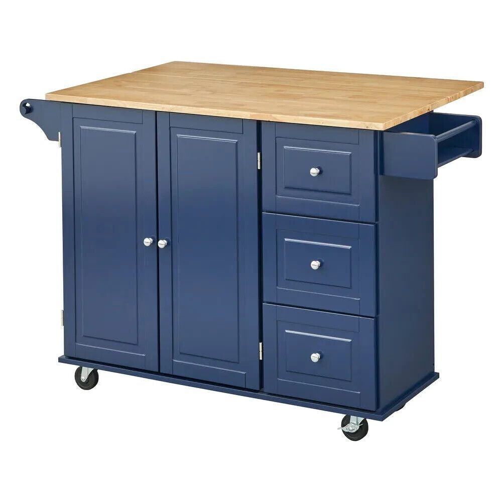 Navy Blue Kitchen Cart Rolling Island Cabinet - Natural Finish Wood Top Drop Lea