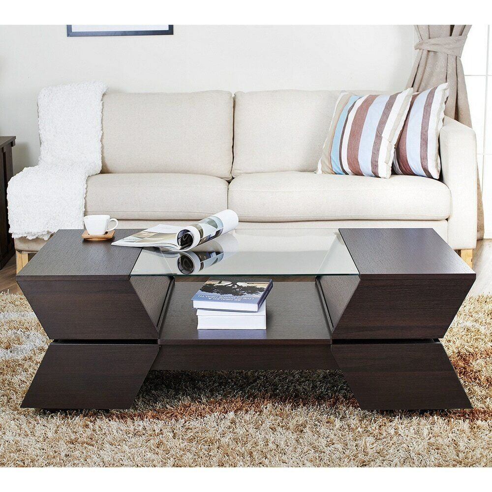 Modern Multi-Storage Coffee Table w/ Tempered Glass Top Open Center - Espresso